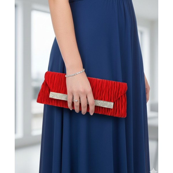 Evening Bag - Pleated Satin w/ Mesh Metal Bar Accent - Red -BG-92006R